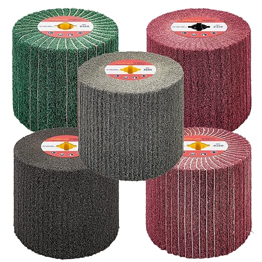 Non-Woven Wire Drawing Flap Wheel, 120x100mm, for Stainless Steel Satin Finishing and Metal Surface Treatment, Conditioning Drum Buffin for Burnishing Polishing Machine (240-600 Grit Set)