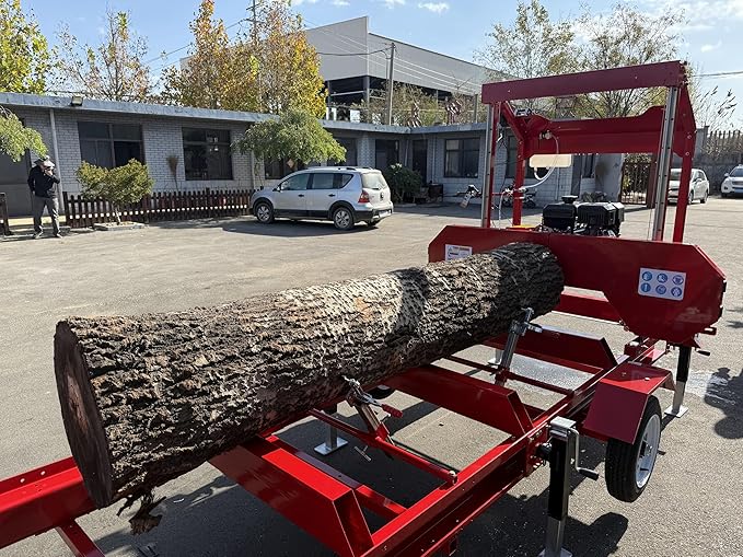 Gas-Powered Sawmill - 15HP 420cc, Cuts 32" Diameter Logs into 32"x7"x188.74" Planks, 160.63" Blade, 19.68FT Rail, 2 Tires, Trailer Hitch, Taillights, Quick Up/Down Sawhead, Red Steel