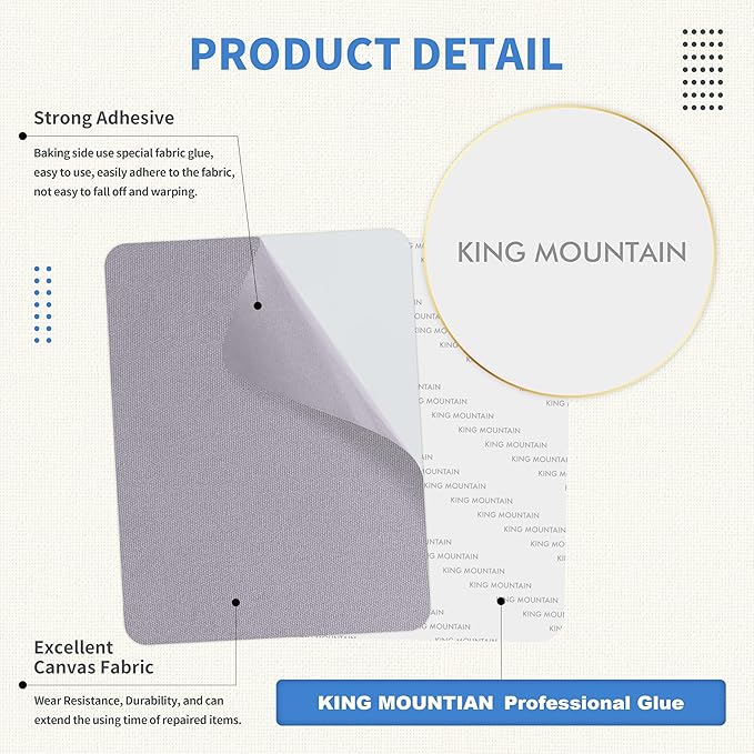 KING MOUNTAIN Canvas Repair Patch 9 x11 Inch 2 Pcs Self-Adhesive Waterproof Fabric Patch for Sofas, Tents, Furniture,Tote Bags, Car Seats (Light Grey)
