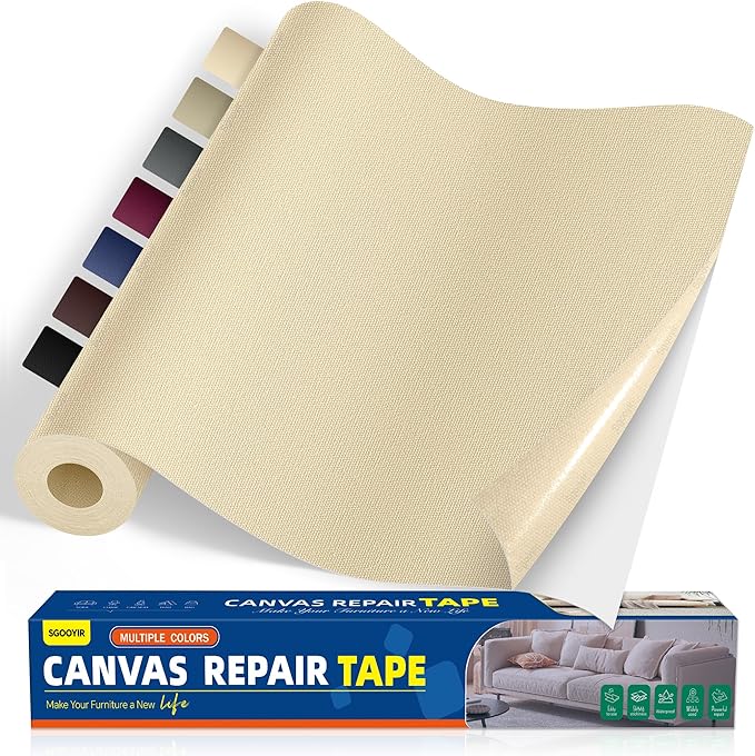 Self-Adhesive Canvas Repair Tape, 16" x 40" Waterproof Canvas Repair Patch, Fabric Patch Repairs Kit for Furniture, Tents, Sunbrellas, Boat Covers Awnings, Couches, Clothes, Bags Beige-Yellow