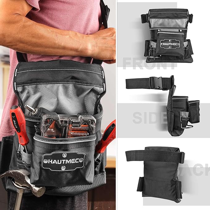 HAUTMEC Heavy Duty Framing Tool Belt Electrician Tools Pouch Organizer Work Belts For Men, 12-Pocket 1680D Tool Bag with Waist Strap Hammer Holder and 360°Reflective Strips, Black