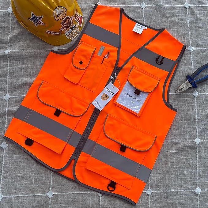 TCCFCCT High Visibility Vest 9 Pockets Hi Vis Reflective Safety Vest for Men Women, Construction Vest with Reflective Strips, Meets ANSI/ISEA Standards, (Orange, Small)