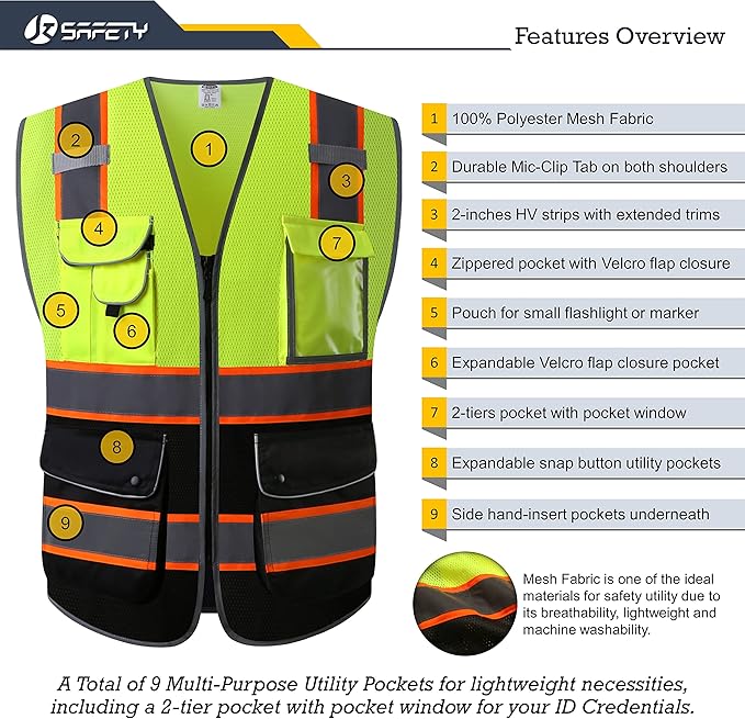 JKSafety 9 Pockets Hi-Vis Fluorescent Color Mesh Reflective Safety Vest for Men Women | Chaleco de seguridad para hombres y mujeres (100-Yellow-Black 5XL)