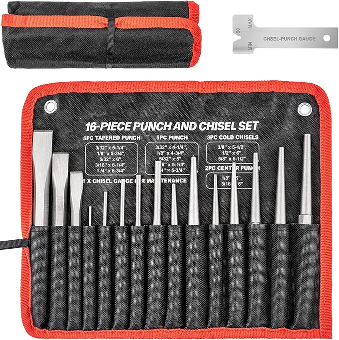 16 Pcs Punch and Chisel Set, Including Taper Punch, Center Punch, Pin Punch, Cold Chisels and Chisel Gauge for Mechanic and Metalworking