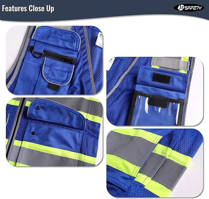 JKSafety 11 Pockets Hi-Vis Blue Mesh Safety Vest for Men Women High Visibility Reflective Construction with Zipper Work Utility PPE Work Gear ANSI/ISEA compliant (102-Blue 4XL)