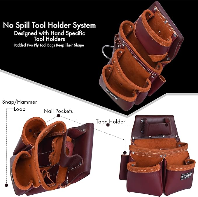 Heavy Duty 19 Pocket Leather Tool Belt Multipurpose Pockets Work Organizer Pouch Framing Fat Lip Tool Holder for Carpenter, Construction, Handyman, and Electrician Tool Belt Set