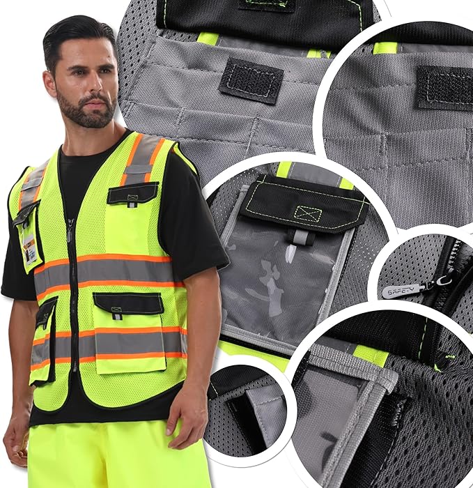 JKSafety Hi Vis Reflective Safety Vests for Men Women High Visibility Vest with Pockets Mesh Fabric Construction Safety Apparel Neon Vest for Work (220-Grey L)