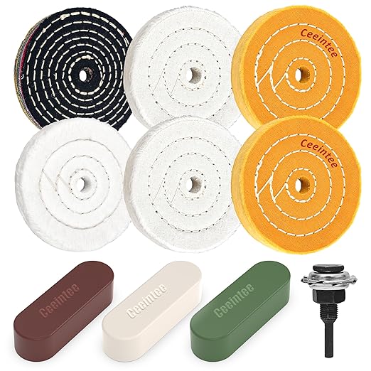 10Pcs 4'' Buffing Polishing Wheel with 1/4‘’ Drill Shank， Include 1/2" Arbor Hole 2 Yellow Cotton/2 White Cotton Polish Wheels/1 Soft Flannel Buffing Wheel/1 Denim Wheel &3 Polishing Compound