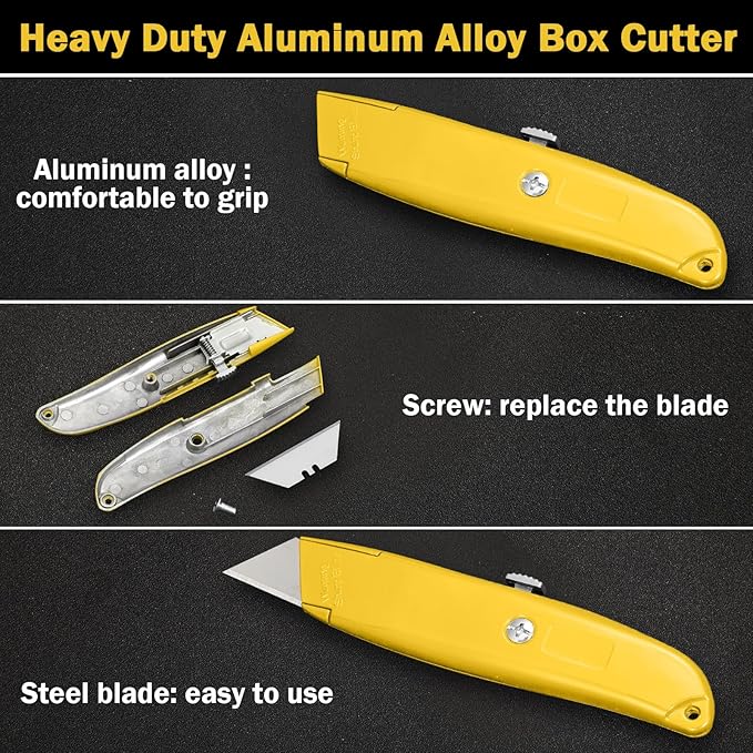 Reginary 30 Pcs Box Cutter Bulk Retractable Blade Utility Knife Heavy Duty Aluminum Alloy Razor Shell Knife for Cartons, Cardboard and Boxes, DIY, Factory, Home(Yellow)