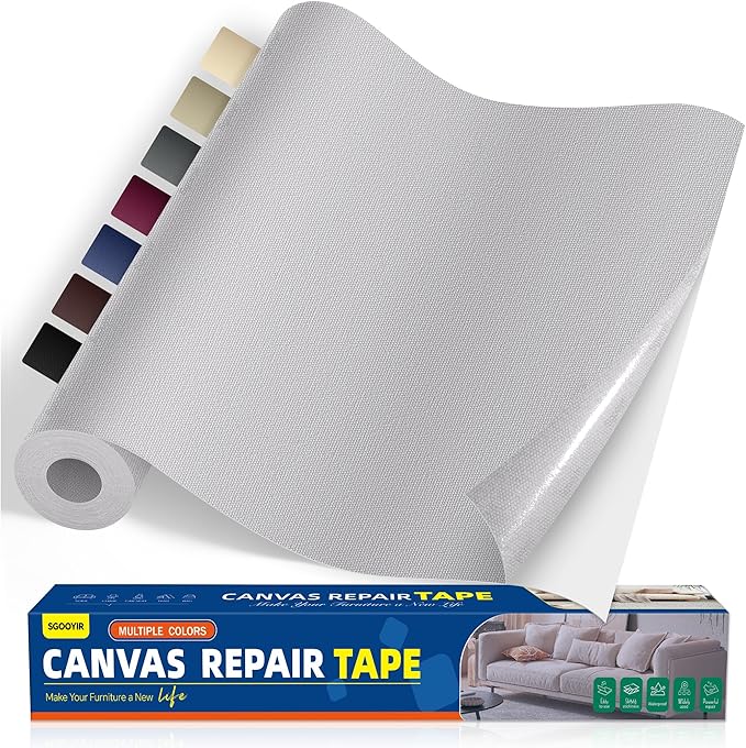Self-Adhesive Canvas Repair Tape, 16" x 40" Waterproof Canvas Repair Patch, Fabric Patch Repairs Kit for Furniture, Tents, Sunbrellas, Boat Covers Awnings, Couches, Clothes, Bags Light Grey
