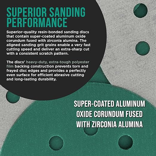 Dura-Gold Premium 320 Grit 5" Green Film Sanding Discs, 8-Hole Pattern, Box of 50 - Dustless Hook & Loop Backing Sandpaper for DA & Random Orbital Sanders, Sand Automotive Paint Woodworking Furniture