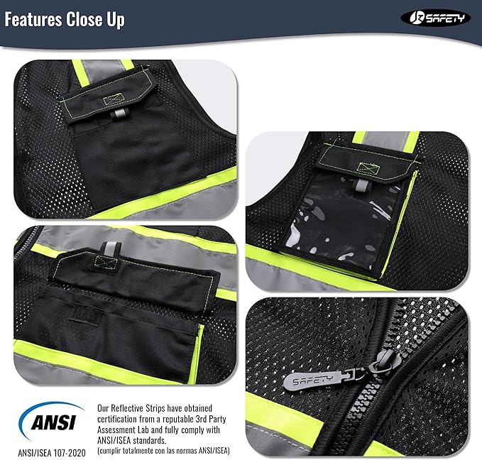 JKSafety Hi Vis Reflective Safety Vests for Men Women High Visibility Vest with Pockets Mesh Fabric Construction Safety Apparel Neon Vest for Work (220-Black M)