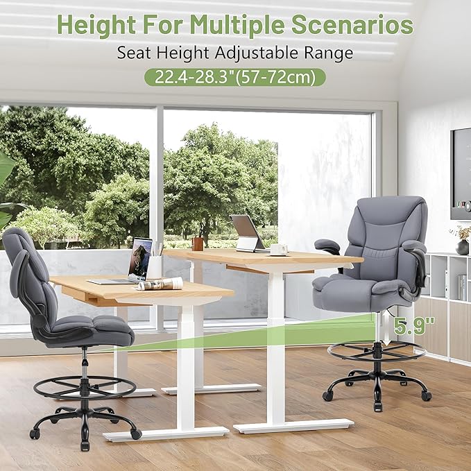 500LBS Drafting Chair, High Back Safer Standing Desk Chair, Executive Tall Office Chair with Flip-up Armrests, Upholstered PU Leather Task Chair, Ergonomic Seat with Adjustable Height&Foot Ring, Grey