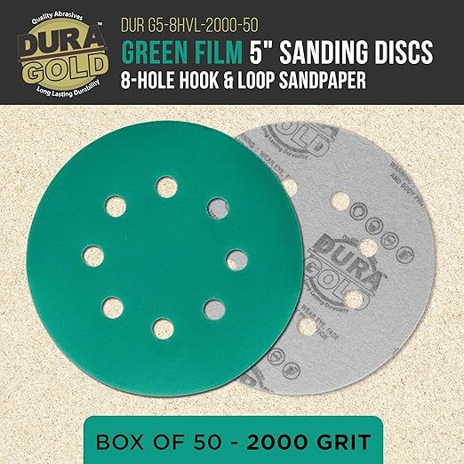 Dura-Gold Premium 2000 Grit 5" Green Film Sanding Discs, 8-Hole Pattern, Box of 50 - Dustless Hook & Loop Backing Sandpaper for DA & Random Orbital Sander, Detail Color Sand Auto Paint Wood Furniture