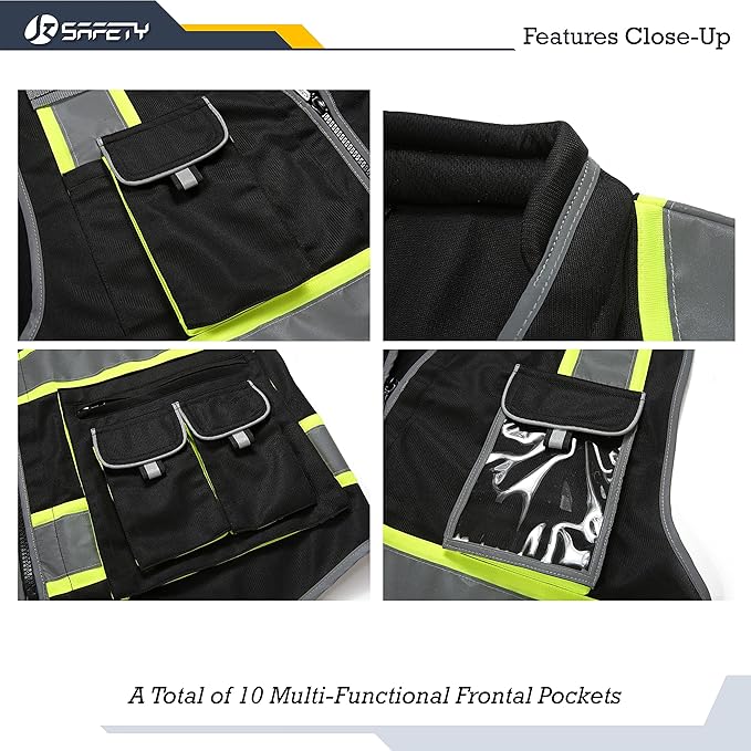 JKSafety 10 Pockets Hi-Vis Zipper Front Black Safety Vest | Cushioned Collar | High Reflective Tapes with Extended Neon Yellow Strips | Meets ANSI/ISEA Standards (3X-Large, 89-Black)