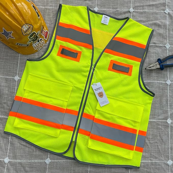 TCCFCCT Safety Vest for Men Women Mesh Reflective Vest with Pockets, High Visibility Surveyor Vest with Fluorescent Orange Extend Edge, Meets ANSI/ISEA Standards, Yellow, XL