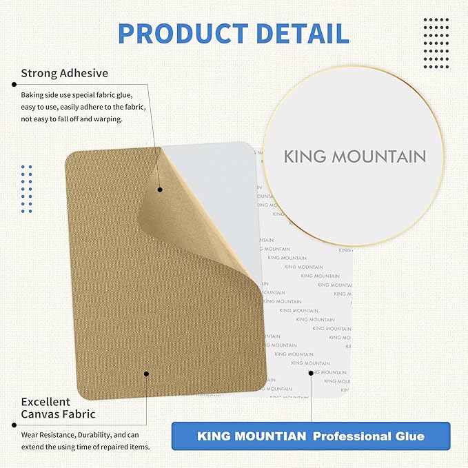 KING MOUNTAIN Canvas Repair Patch 9 x11 Inch 2 Pcs Self-Adhesive Waterproof Fabric Patch for Sofas, Tents, Furniture,Tote Bags, Car Seats (Flaxen)