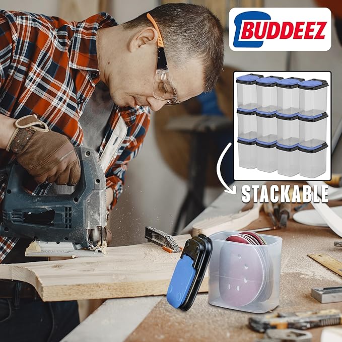 Buddeez Multi-Purpose Hardware Storage Bins Bits and Bolts Small Storage Containers, Hardware Organizers, Clear Containers With Blue Stackable Lids, Bolt and Screw Organizer (1 Quart - 12 Pack)