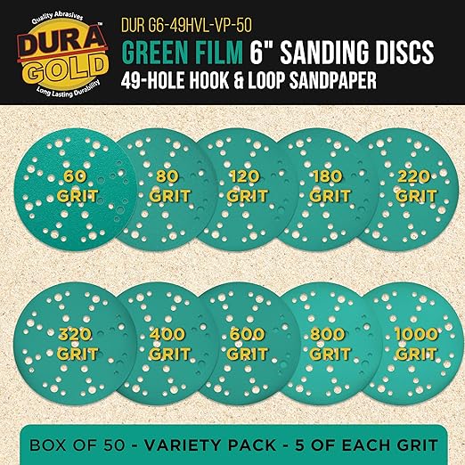 Dura-Gold Premium 6" Green Film Sanding Discs, 49-Hole Pattern, 50 Disc Variety Pack, Grits 60, 80, 120, 180, 220, 320, 400, 600, 800, 1000 - Heavy-Duty Hook & Loop Sandpaper, DA Random Orbital Sander