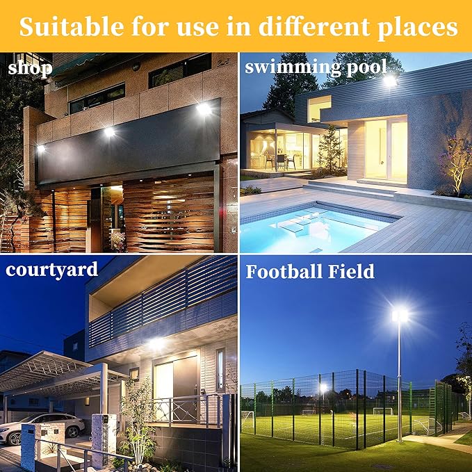 4 Pack 100W LED Flood Lights Outdoor, 10000 LM Super Bright Security Lights, Portable IP66 Waterproof LED Work Light with Plug, 6000K Daylight White Floodlights for Garage Yard Garden Playground Patio