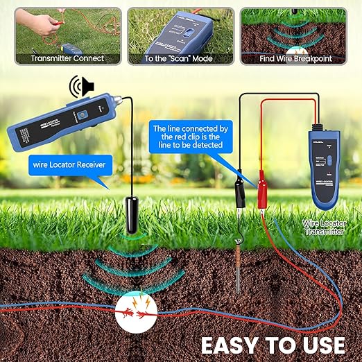 Underground Wire Locator, Cable Tester F02 Pro for Locate Wires, Locate Control Wires Cables Pet Fence Wires, up to 3 Feet Deep 1640 Feet Length, Equiped with Rechargeable 1100mAh Battery