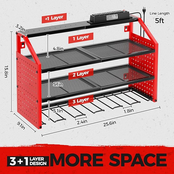 LBT Power Tool Organizer With Charging Station,Patented,Heavy Duty Steel,6 Drilling Rig Sizes With Hooks And Screw Boxes,6 sockets,Easy To Install Garage Storage Rack,Great Gift For Men, Red