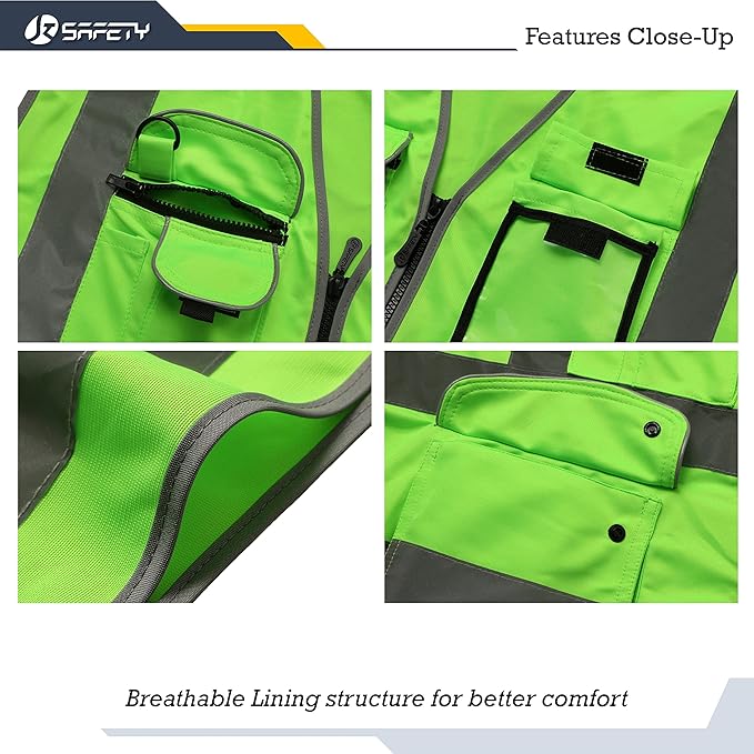 JKSafety 9 Pockets Class 2 High Visibility Zipper Front Safety Vest With Reflective Strips, Meets ANSI/ISEA Standards (150-Green, 4X-Large)