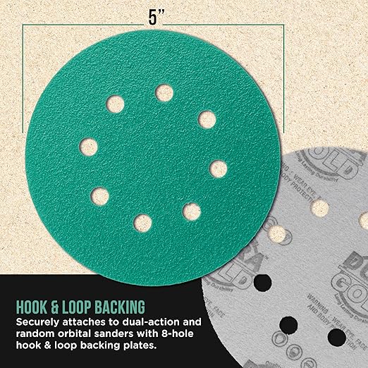 Dura-Gold Premium 60 Grit 5" Green Film Sanding Discs, 8-Hole Pattern, Box of 25 - Dustless Hook & Loop Backing Sandpaper for DA & Random Orbital Sanders, Sand Automotive Paint Woodworking Furniture