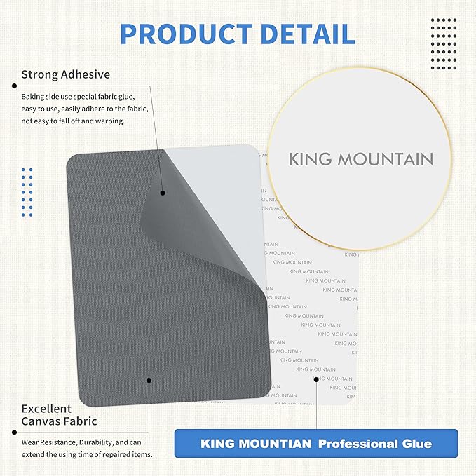 KING MOUNTAIN Canvas Repair Patch 9 x11 Inch 4 Pcs Self-Adhesive Waterproof Fabric Patch for Sofas, Tents, Furniture,Tote Bags, Car Seats (Charcoal Grey)