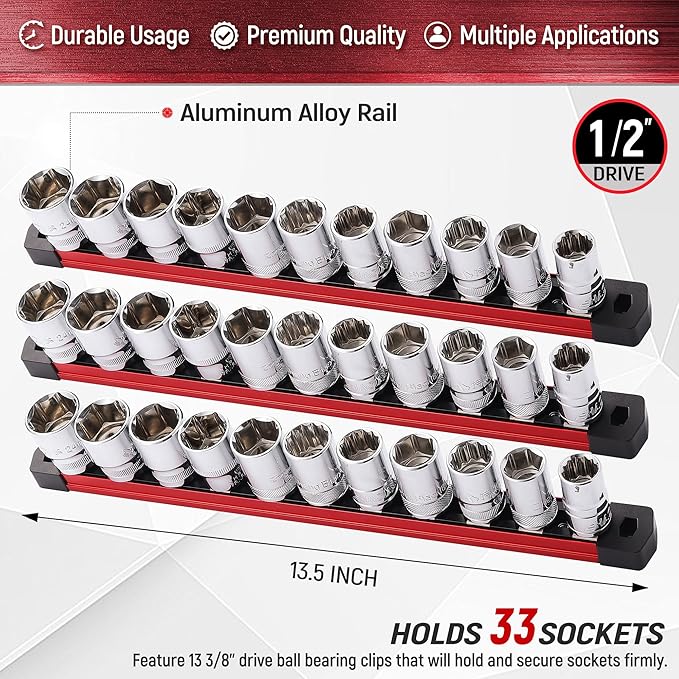 ALOANES 3-Piece Magnetic Socket Organizer, Heavy Duty Aluminum Socket Rails Organizer with 33 Stainless Clips (1/2-Inch) - Red