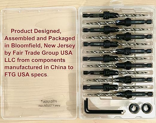 FTG USA 12 Pc #10 (3/16") Countersink Drill Bit Set for Wood with Tapered Drill Bit
