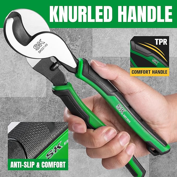 SK 9.5-Inch Cable Cutter, Heavy-Duty Wire Cutter, High Leverage Cable Cutting Pliers with Knurled Handle, Premium CR-V Steel, for Aluminum, Copper, Wire, and Communications Cable