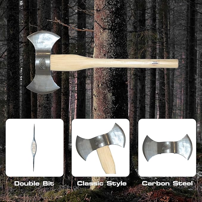 Prandi Axes C45 Forged Carbon Steel Throwing Axe - Hickory Handle - Double Bit Axe for Competitions and Recreation - S/N 3T.054.12.CH - 24" L x 10.67" W, 1200g Polished Head, No Sheath