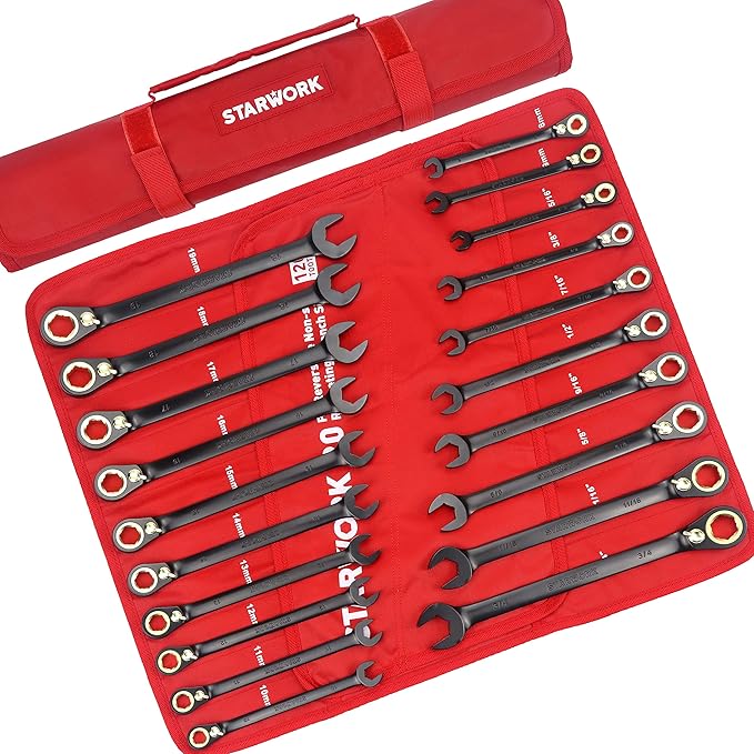 TRUE MECHANIC™ 20 Pc. 120T Reversible Ratcheting Combination Wrench Set, Long Pattern, SAE, Metric, Professional, With Portable Roll-Up Pouch Bag