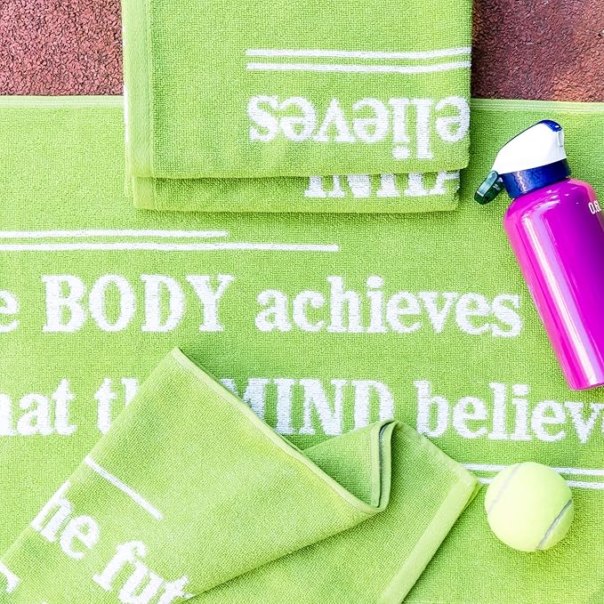 Luzia Workout Towels with Motivational Quotes for Sweat (Pack of 4) - mot-to Lightweight and Super Absorbent for Exercise, Sports, Workout, Fitness, Gym, Yoga, Running and Travel (Green)
