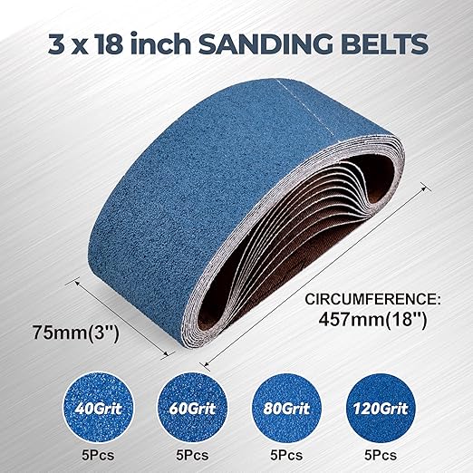 3 x 18 Inch Zirconia Sanding Belts, 20Pcs 5 Each of 40/60/80/120 Assorted Grits, Belt Sander Sanding Belt for Knife Blade Sharpening, Metal Polishing, Derusting, Woodworking