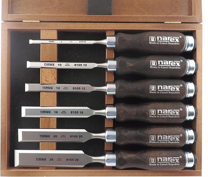 Narex 6 pc Set 6 mm (1/4), 10 (3/8), 12 (1/2), 16 (5/8), 20 (13/16), 26 (1-1/16) Woodworking Chisels in Wooden Presentation Box 853053