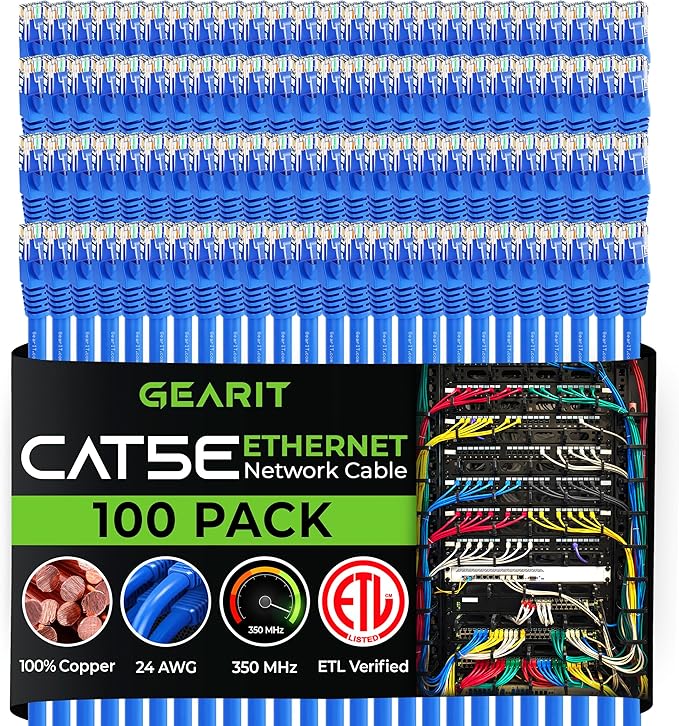 GearIT 100-Pack, Cat5e Ethernet Patch Cable 1 Foot - Snagless RJ45 Computer LAN Network Cord, Blue