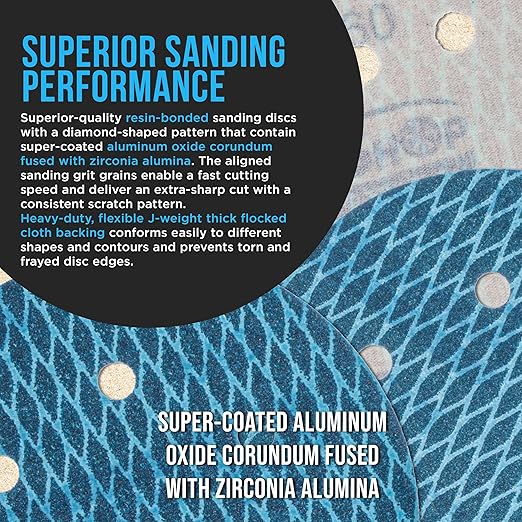 Premium 220 Grit 6" Rhombus Diamond Shape Blue Sanding Discs, 6-Hole, Box of 50 - Hook & Loop Anti-Clogging J-Cloth Dustless Sandpaper for Random Orbital Sanders, Sand Auto Paint, Wood
