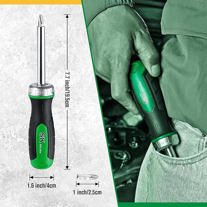 SK 7-in-1 Ratcheting Screwdriver, 216-P, 6 Bits (Phillips, Star, Slotted), 1 Nut Driver Size (1/4 Inch), S2 Steel, SureGrip Handle