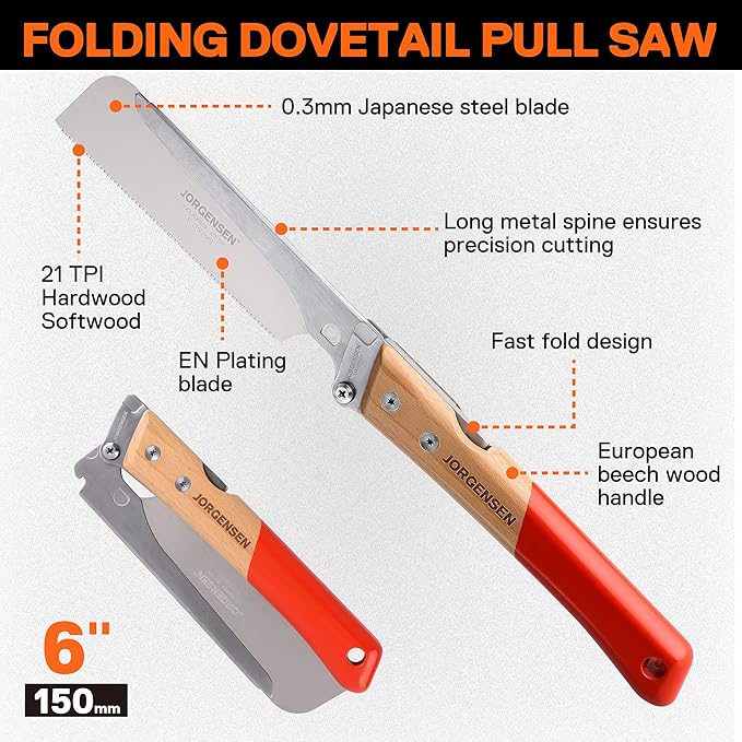 JORGENSEN Japanese Pull Saw, 6 Inch Pro Folding Dovetail Saw with Beech Wood Long handle, SK5 Steel Blade Tool-less Quick Change, 21TPI Cross Cut Woodworking Handsaw for Hardwood, Softwood