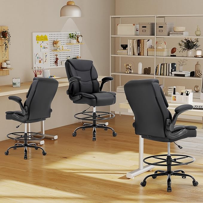 500LBS Drafting Chair, High Back Safer Standing Desk Chair, Executive Tall Office Chair with Flip-up Armrests, Upholstered PU Leather Task Chair, Ergonomic Seat with Adjustable Height&Foot Ring, Black