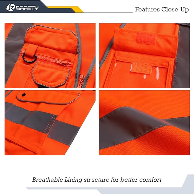 JKSafety 9 Pockets Class 2 High Visibility Zipper Front Safety Vest With Reflective Strips, Meets ANSI/ISEA Standards (150-Orange, 4XL)
