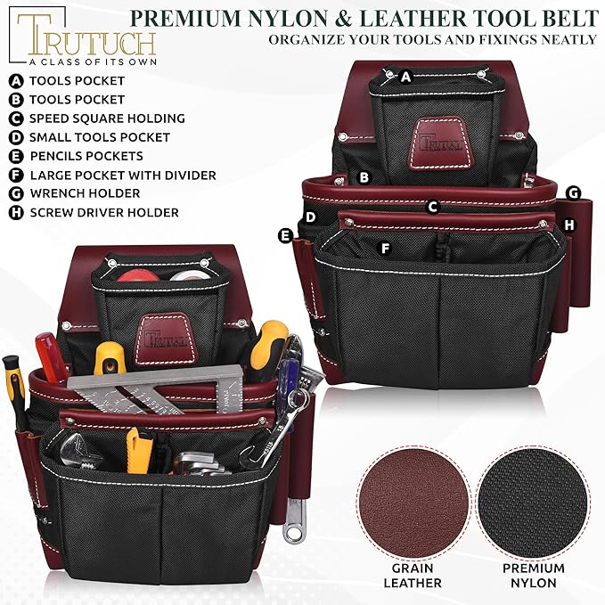 Nylon and Leather Tool Belt | Framing Tool Bags | Leather Tool Belts | Nylon Tool Pouch | Carpenter Tool Belt | Construction | Framers | Electrician (Black)