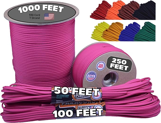 BORED? PARACORD! 550 lb Paracord - Ideal for Crafting, Camping, DIY Projects, Active & Military Outdoors - Strong Survival Rope - Tactical Parachute Cord Type III - Fuchsia 50 Feet