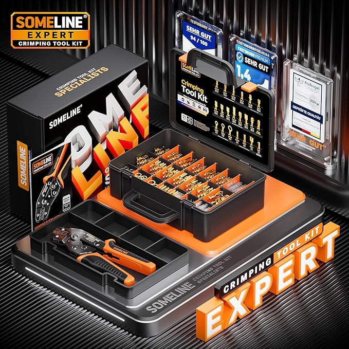 SOMELINE Spade Terminal Crimping Tool Kit AWG 24–14, 21 Types 2.8/3.9/4.8/6.3 mm Male & Female Quick Disconnect Non-Insulated Connectors – Open Barrel Crimping Tool