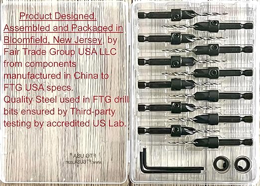 FTG USA Countersink Drill Bit Set for Wood with Tapered Drill Bit 6 Pc #4 (7/64"), 6 Pc #6 (9/64")