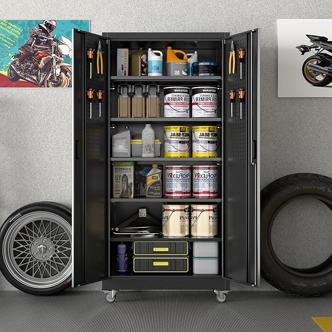 Aobabo Upgrade 71H''*34''W*18''D Metal Garage Storage Cabinet with Wheels and Pegboards, 5 Adjustable Shelves Steel Storage Cabinets for Home,Warehouse,Garage,Assembly Required,Black