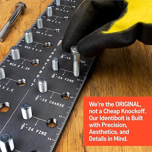 SST - Original Identibolt - Precise Threadchecker and Wall Mount - Imperial SAE and Metric Threads - 28 Nuts & Bolts Identifier - from #6 to ½ & 4mm to 14mm - in. and Cm. Rulers - Made in USA