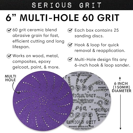 6-Inch 60 Grit Ceramic Multi-Hole Hook & Loop Sanding Discs - Advanced Grain for Fast Cutting & Long Life - Film-Backed Universal Fit Sandpaper for 6-in Sanders - 25 Pack Box